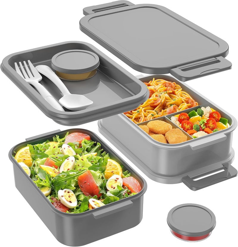 Jelife Adult Bento Box Lunch Box - 3 Layers Stackable Bento Lunch Box for Adults, 72oz Large-Style All-in-One Bento Boxes Leak-Proof Lunchbox with Utensil Sauce Containers for Dining Out,Work, Grey - Image 1